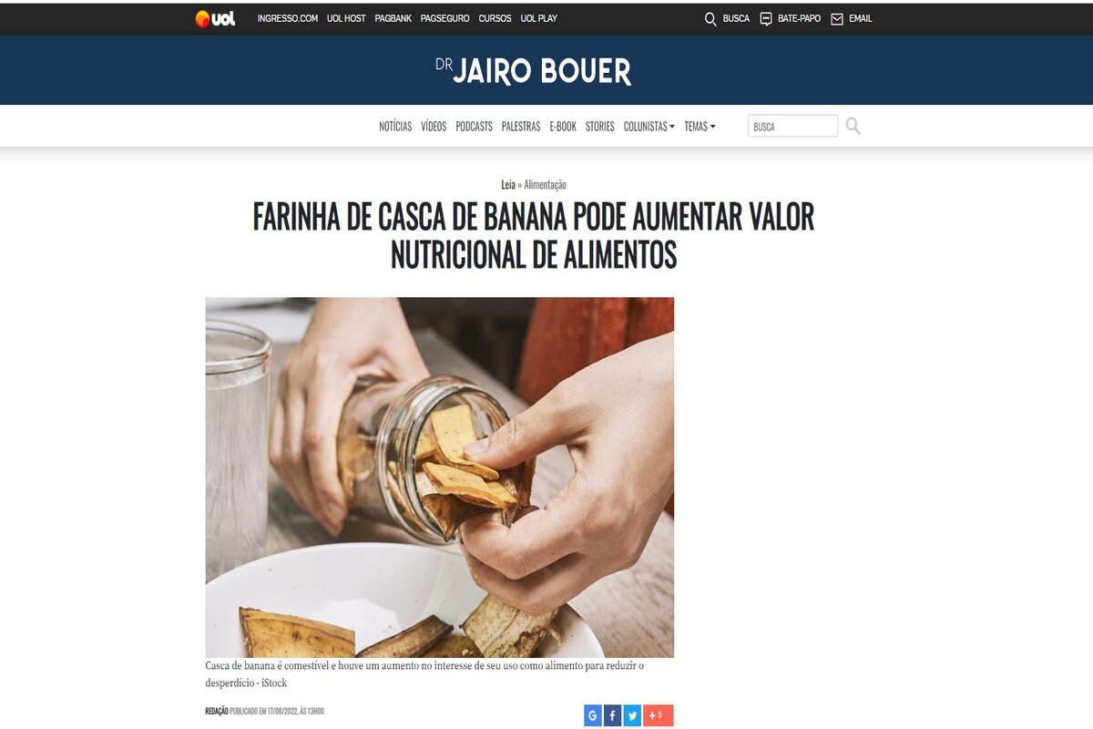 Reportagem sobre os benefícios da casca de banana na coluna Doutor Jairo - Imagem extraída do site UOL
