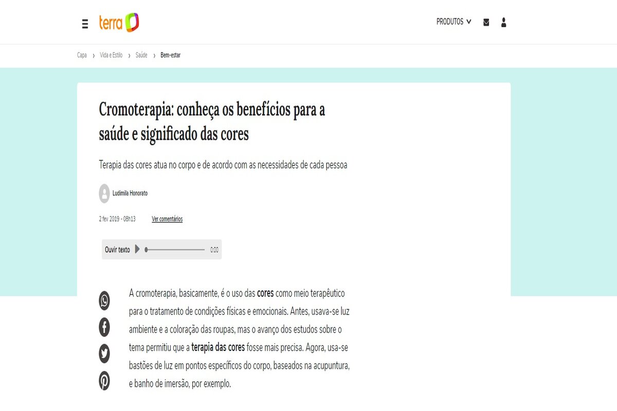 Matéria sobre cromoterapia, publicada pelo site Terra.com - Imagem extraída do site terra.com.br