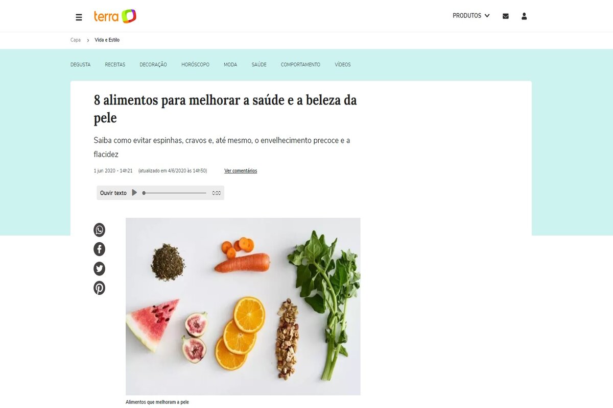 Reportagem sobre alimentos que trazem benefícios para a pele - Imagem extraída do site terra.com.br