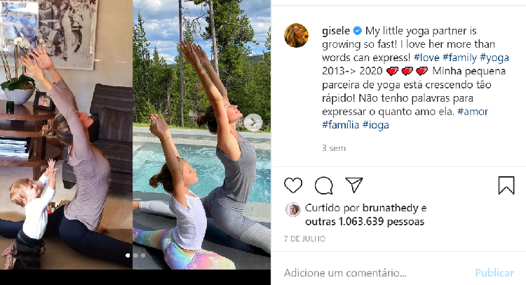 Gisele Bündchen praticando Yoga com sua filha, Vivian - Imagem reproduzida do Instagram