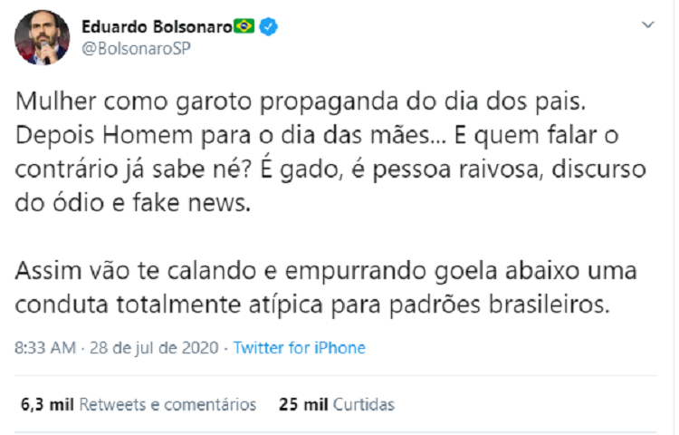 Opinião de Carlos Bolsonaro sobre Thammy Miranda - Twitter
