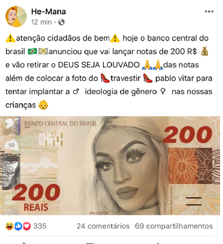 Pabllo Vittar vira meme após lançamento de nova cédula de 200 reais (Foto: Reprodução/Facebook)