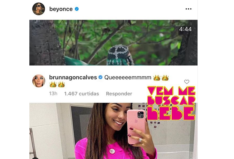 Imagem: comentário de Brunna Gonçalves, esposa da cantora Ludmilla, na publicação de Beynoncé (Reprodução/Instagram)