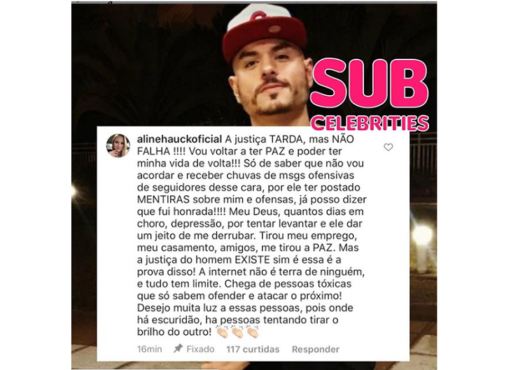 Imagem: Aline Hauck falando sobre a decisão judicial que tirou o perfil do Facebook de Carlinhos Mendigo, seu ex-marido, do ar (Reprodução/Instagram)