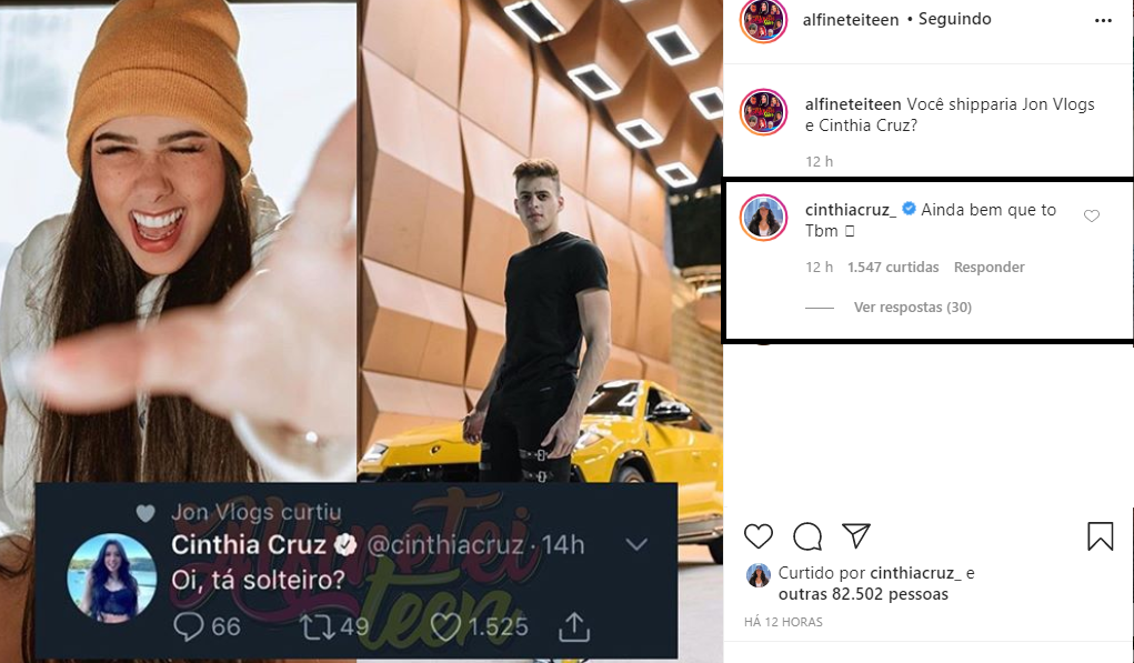 Imagem: Publicação sobre especulações de romance entre Cinthia Cruz e Jon Vlogs com comentário de Cinthia Cruz sobre o assunto (Reprodução/Instagram)