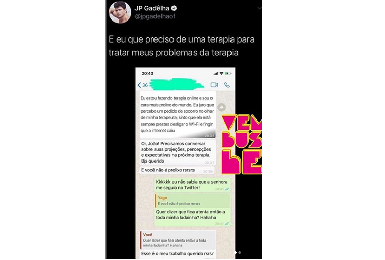 Imagem: Tweet do participante do The Circle Brasil, JP Gadêlha, expondo uma suposta conversa com a terapeuta, que foi com um contato chamado Yago (Reprodução/Twitter)