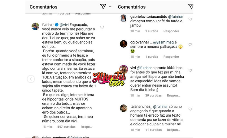 Imagem: Vivi Wanderley e Fuinha discutindo em comentários do Instagram, falando sobre a Mah Marangoni (Reprodução/Instagram)