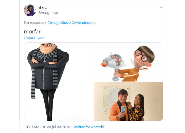 Imagem: Tweet de seguidor do Whindersson Nunes no qual ele compara o namorado da cantora Gretchen a uma mistura do protagonista Gru com o vilão Vector, ambos do filme 
