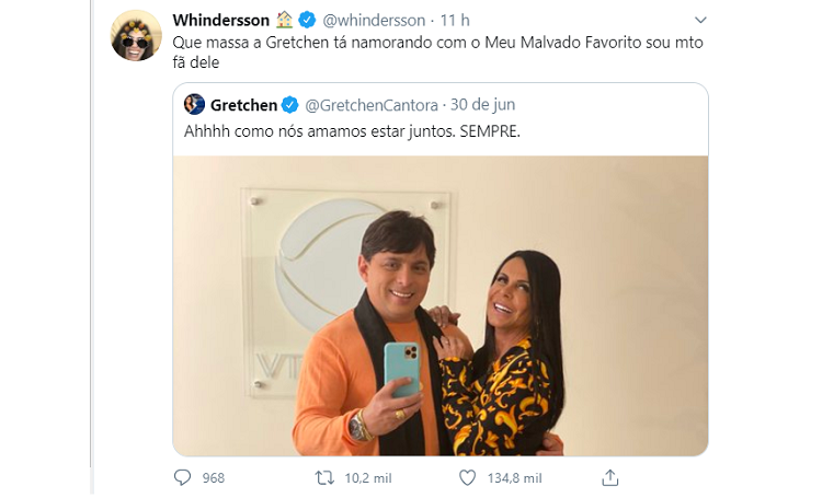 Imagem: Tweet de Whindersson Nunes sobre Esdras de Souza, namorado da cantora Gretchen (Reprodução/Instagram)