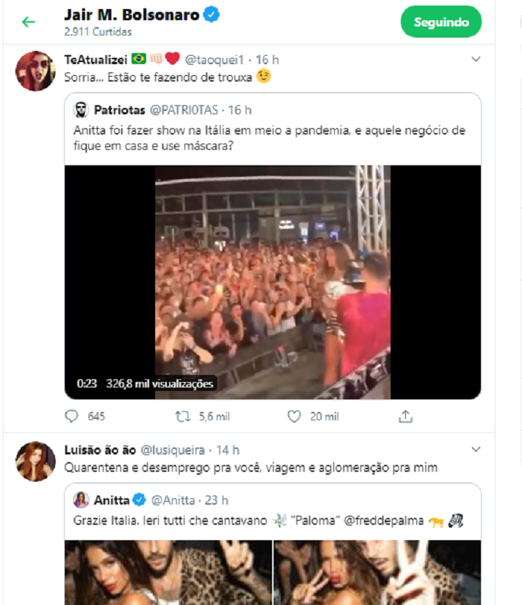 Curtidas de Jair Bolsonaro em posts que falam mal de Anitta