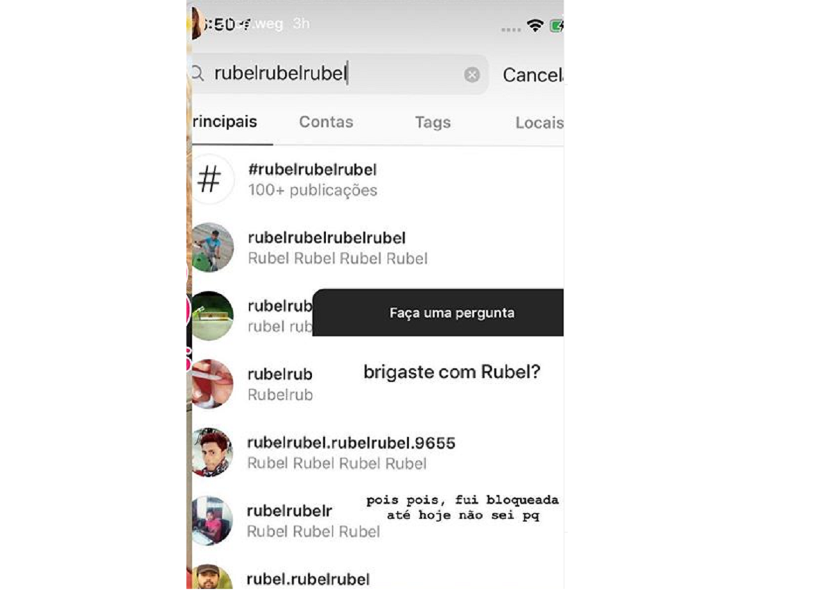 Imagem: Alice Wegmann mostrando que foi bloqueada pelo cantor Rubel no Instagram e dizendo que não sabe o motivo (Reprodução/Instagram)