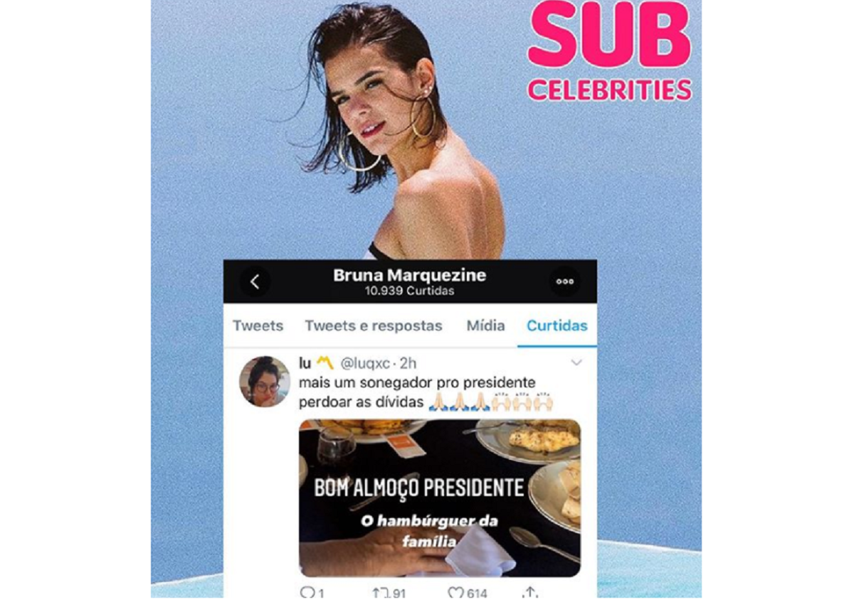 Imagem: Curtida de Bruna Marquezine em tweet que comentava o almoço entre o Pastor Márcio Poncio e o presidente Jair Messias Bolsonaro (Reprodução/Instagram)