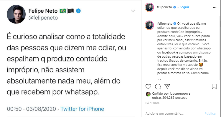 Reprodução do Instagram do Felipe Neto