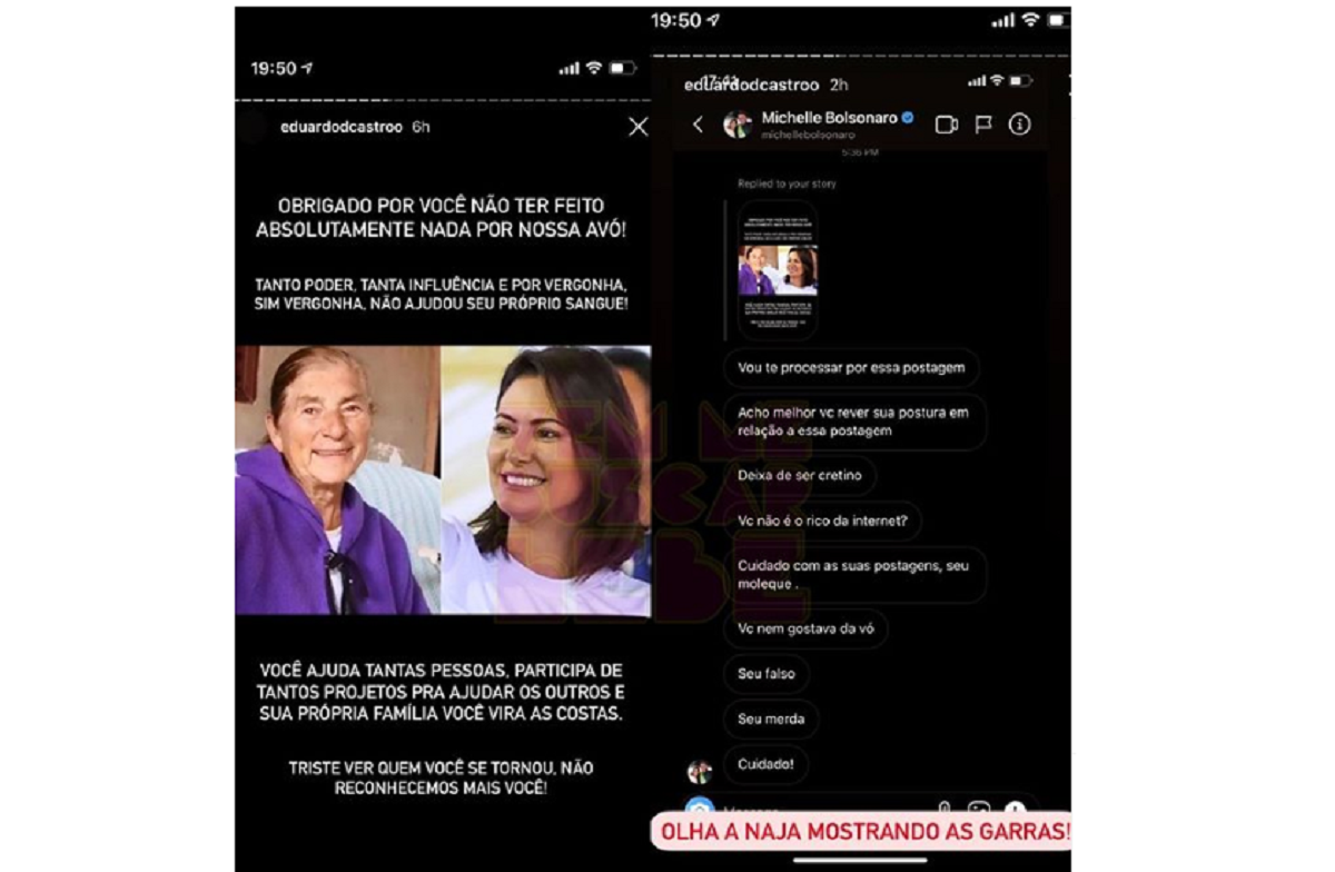 Imagem: Story de Eduardo de Castro, primo de Michelle Bolsonaro falando sobre a primeira-dama e suposta conversa da esposa do presidente reagindo ao story do primo (Reprodução/Instagram)