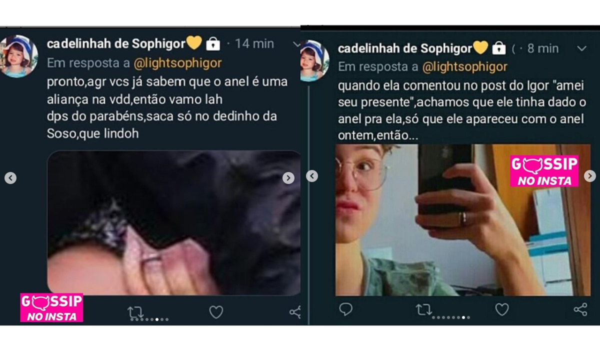 Imagem: tweets da fã dos atores mostrando que a Sophia Valverde pode estar usando o mesmo anel que o ator Igor Jansen (Reprodução/Twitter)