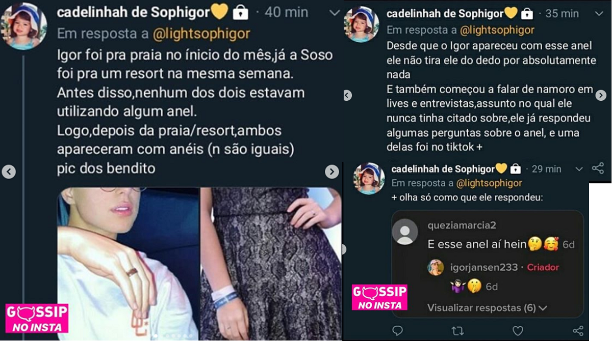 Imagem: tweets sobre um anel que Igor Jansen e Sophia Valverde estariam usando juntos (Reprodução/Twitter)