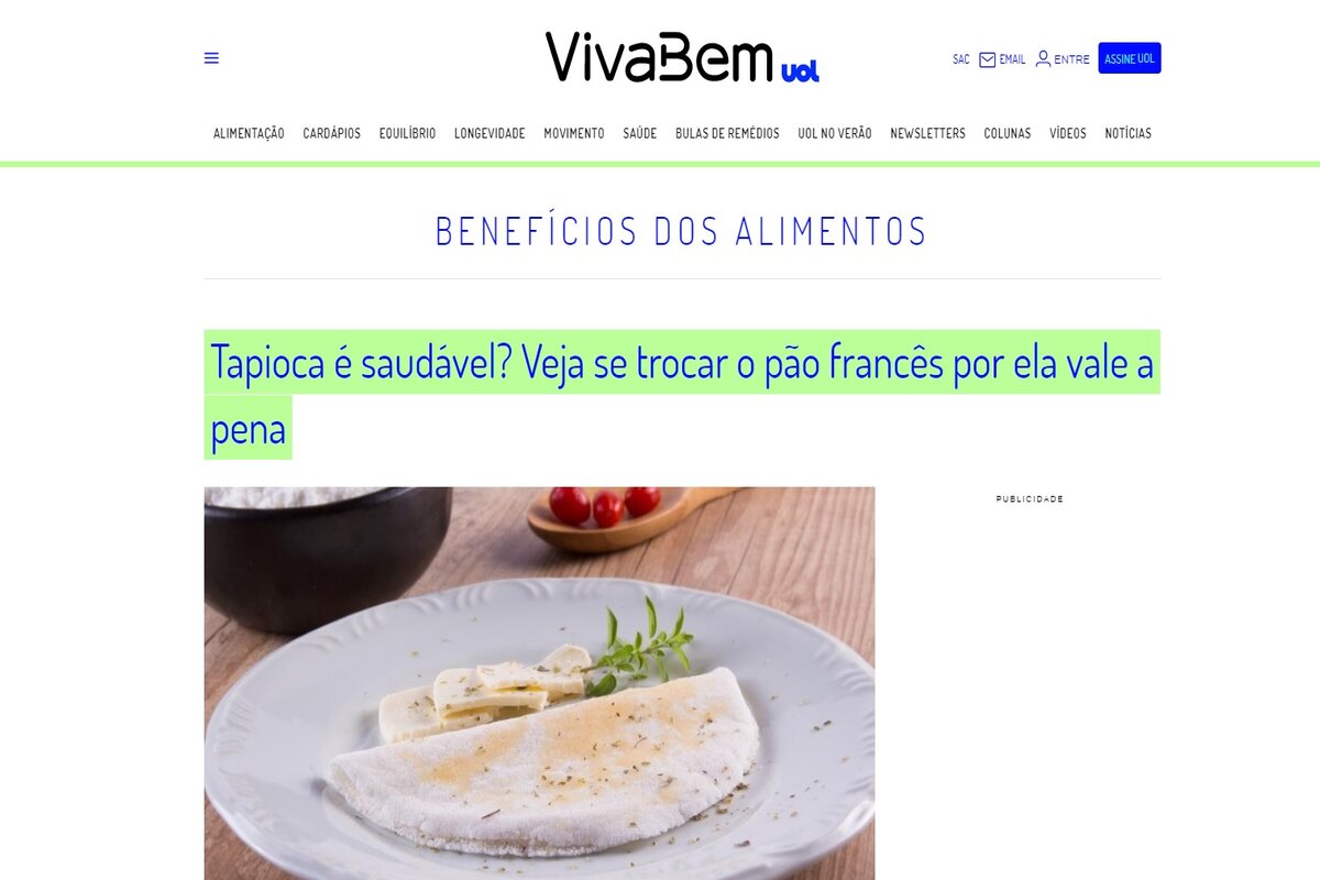 Reportagem sobre os benefícios da tapioca - imagem extraída do site uol.com.br
