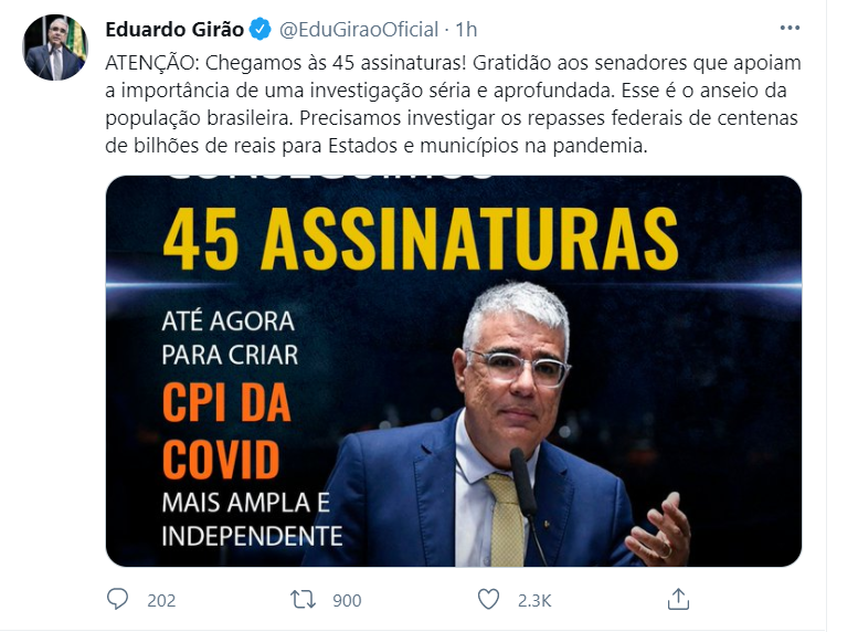 Eduardo Girão comemora assinaturas para a CPI da Covid ampla; saiba mais