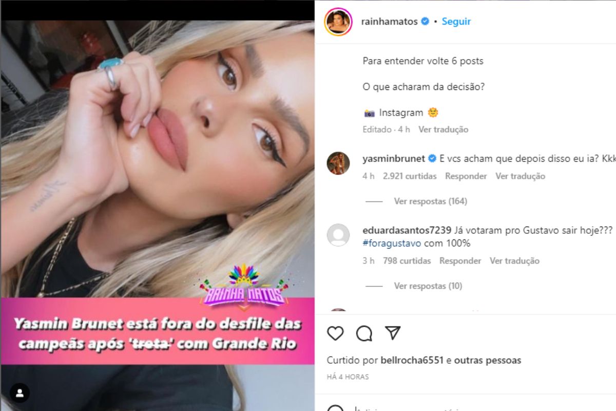 Yasmin Brunet não vai desfilar pela Grande Rio no sábado das campeãs; entenda o motivo - Reprodução Instagram